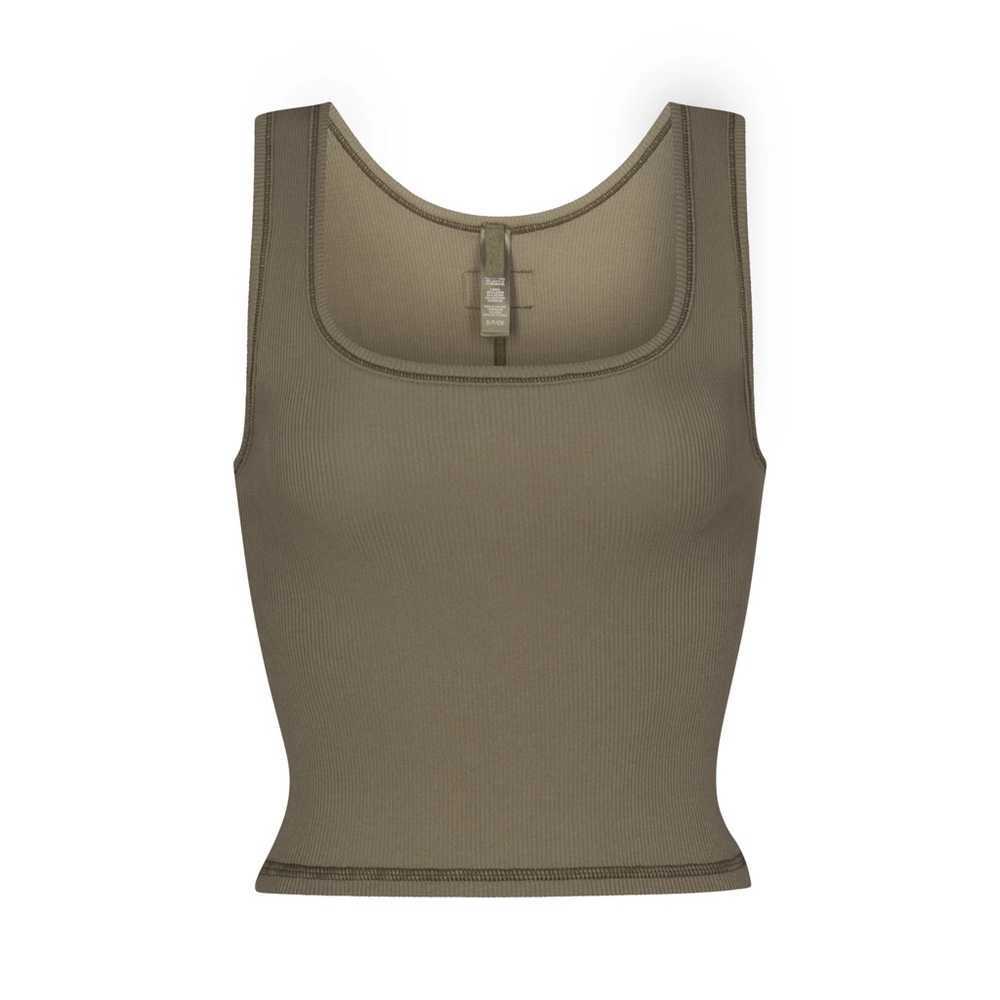 SKIMS army green cotton rib set, includes cotton rib tank and leggings.